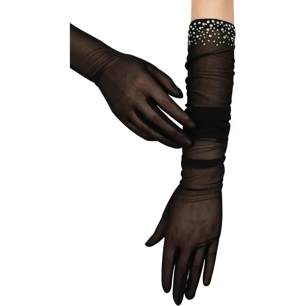 Women's Sexy Pearl Beaded Champagne Long Gloves Tulle Mesh Wedding Party Prom